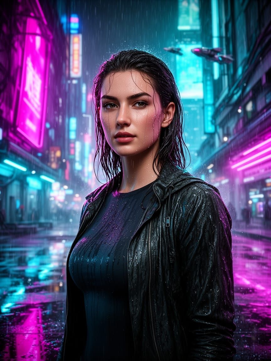Woman in Rain Amidst Cyberpunk Cityscape