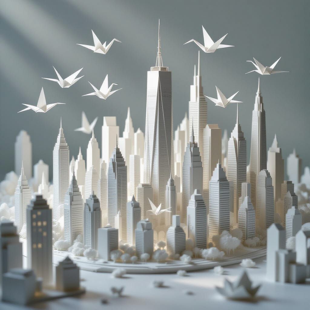 Paper Metropolis Diorama with Flying Cranes