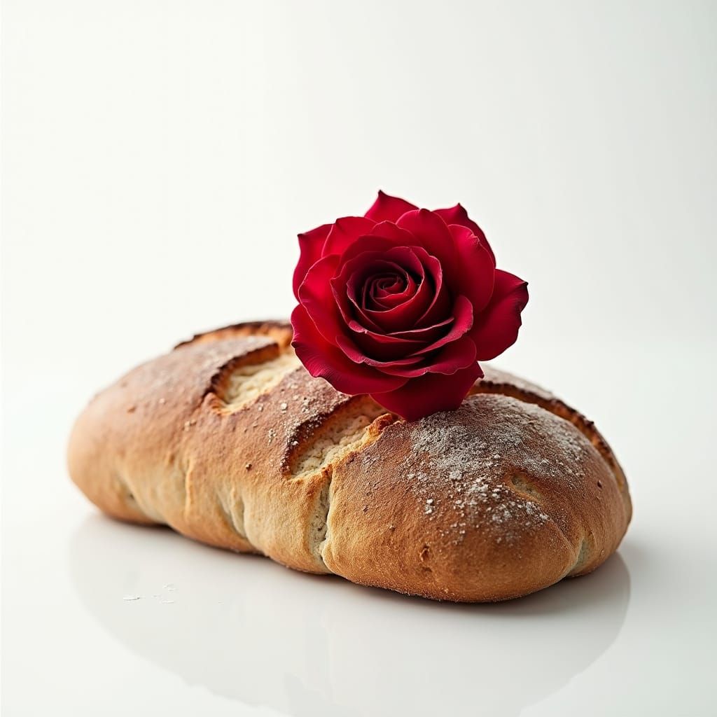 Red Rose and Bread in Hyperrealistic Style