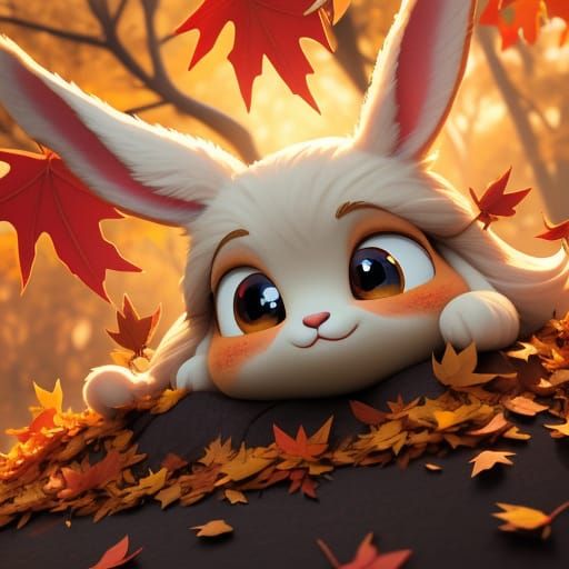 Cute Bunny Playing in Autumn Leaves Digital Art