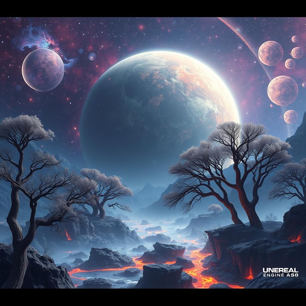 Ethereal Galactic Landscape with Metal Trees and Molten Rive...