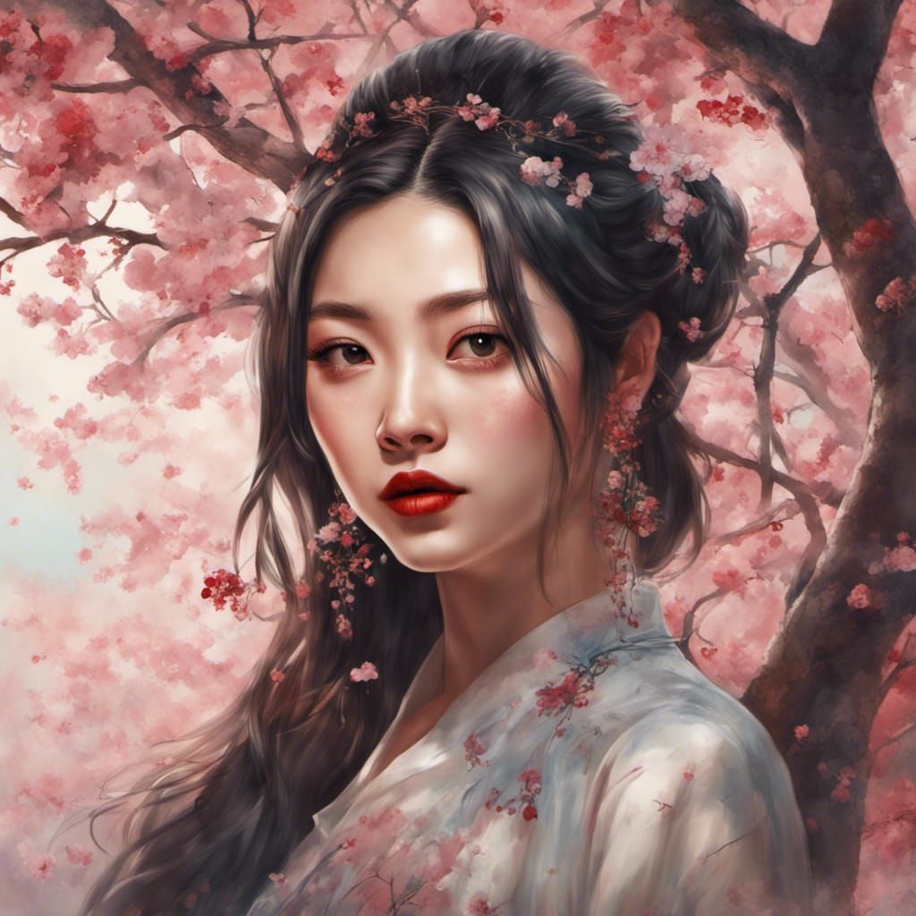 Chinese Beauty in Cherry Blossom Garden: Hyperrealistic Art