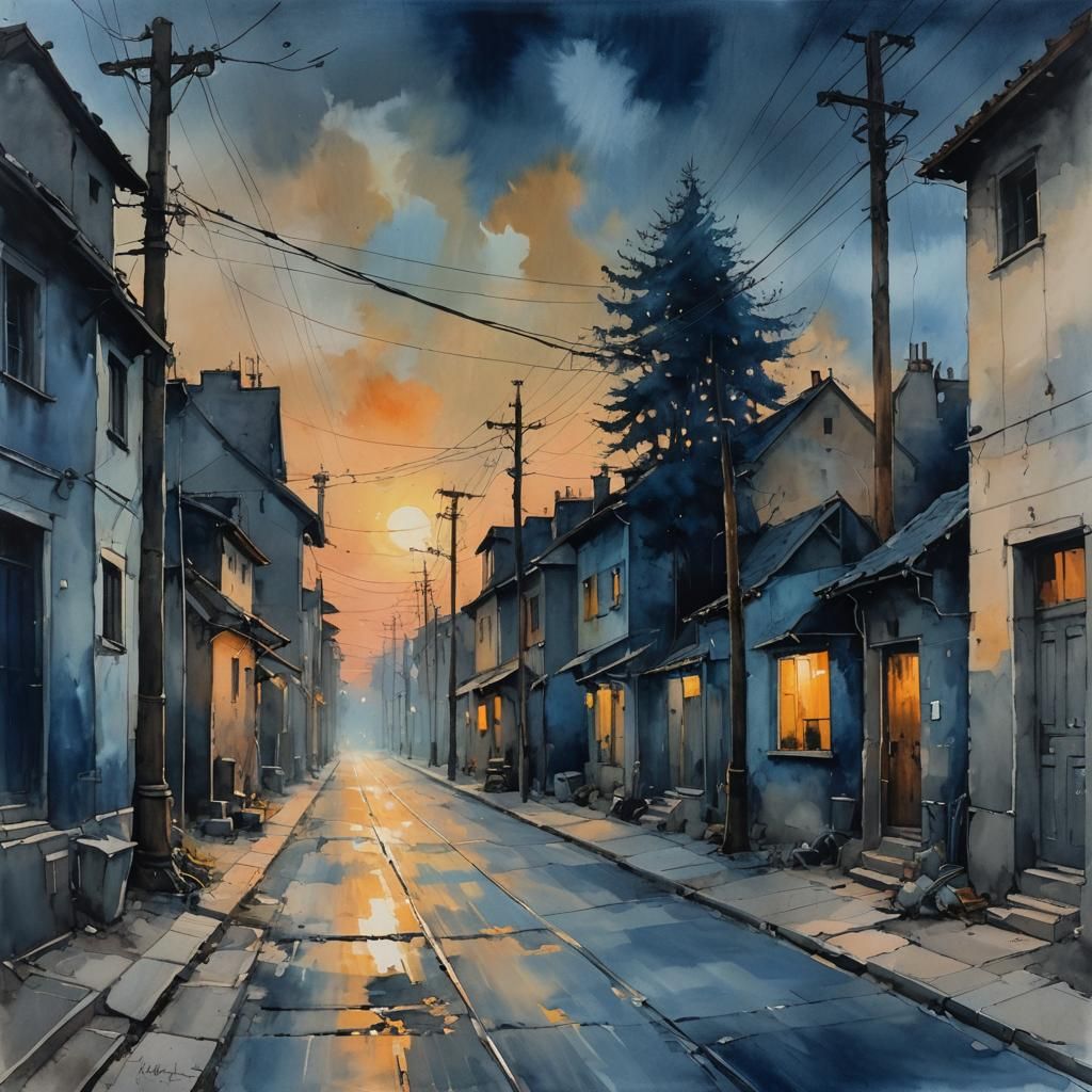 Sunset in a street city