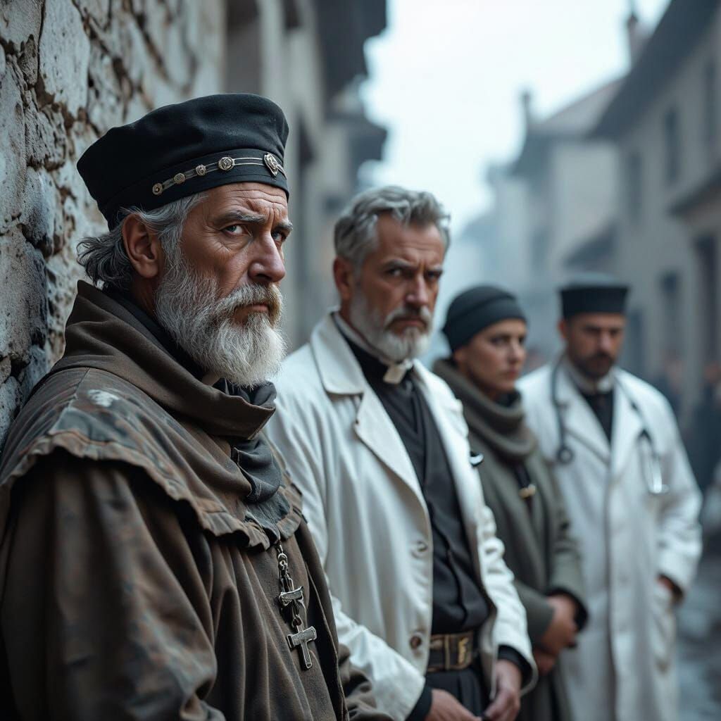 Despairing Clergy and Doctors in Dramatic Cinematic Still