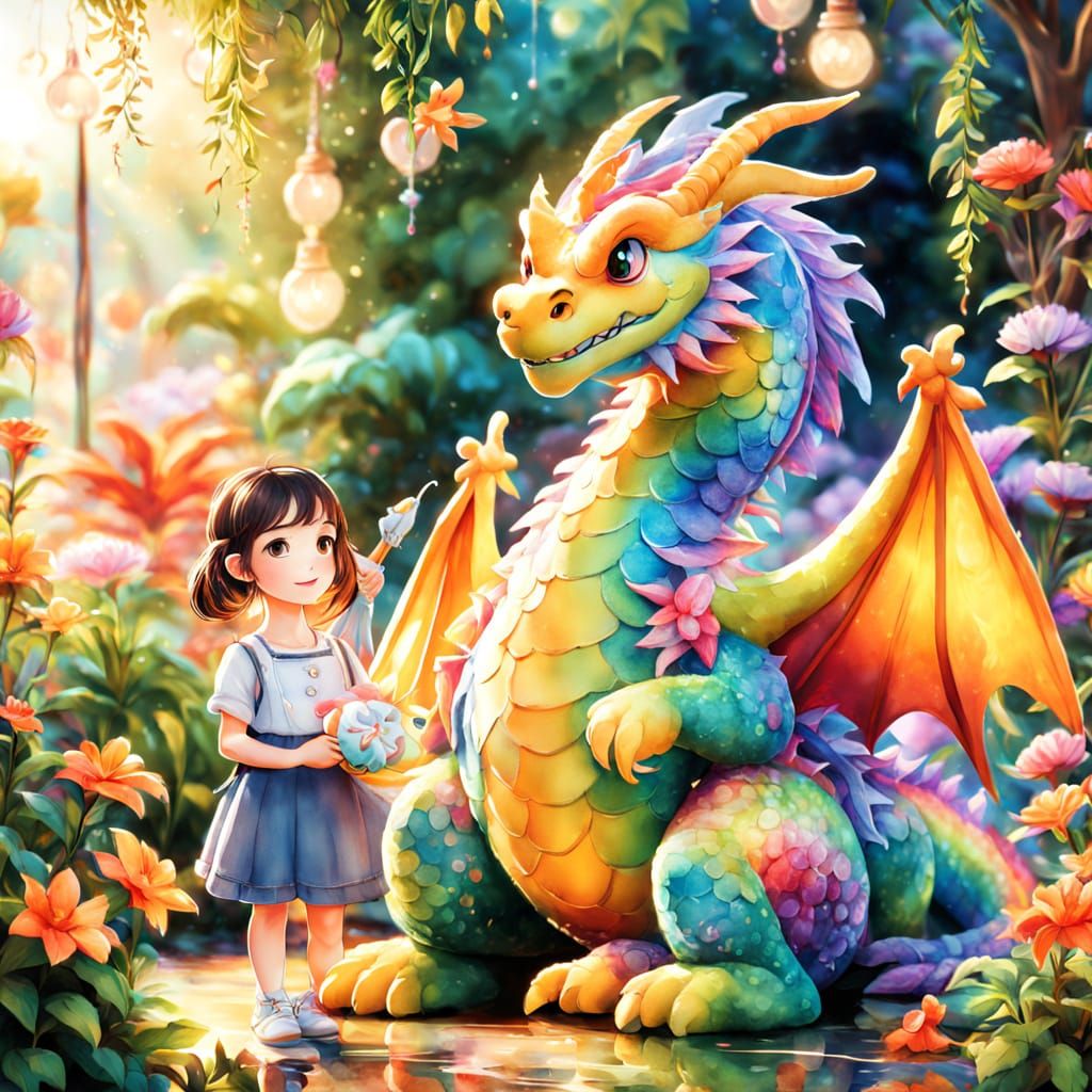 Whimsical Watercolor Portrait of a Child with a Rainbow Drag...