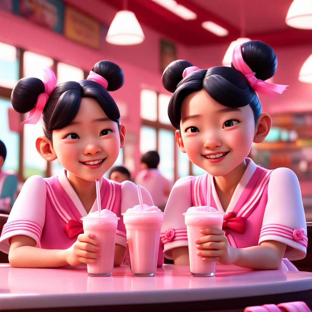 Korean Triplets Share a Milkshake: Pixar Style