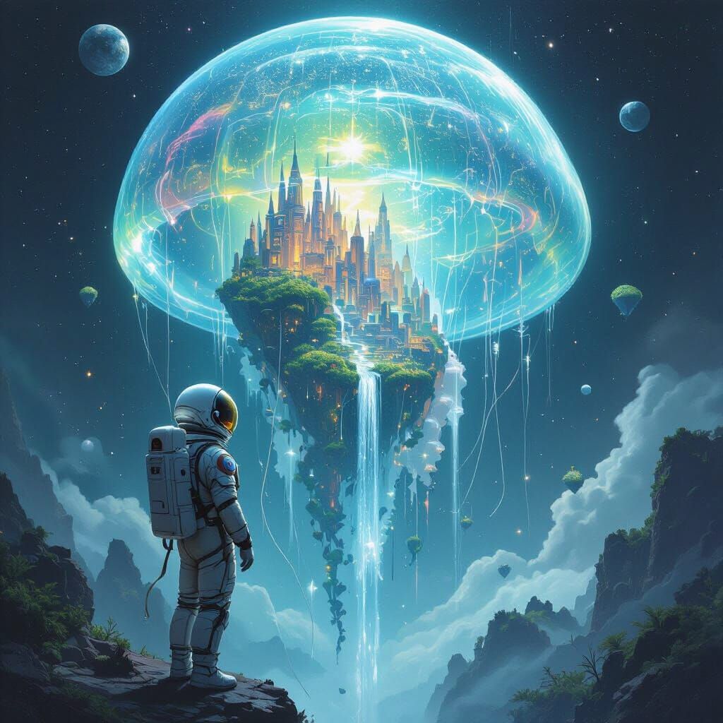 Astronaut and Bioluminescent Jellyfish in Space