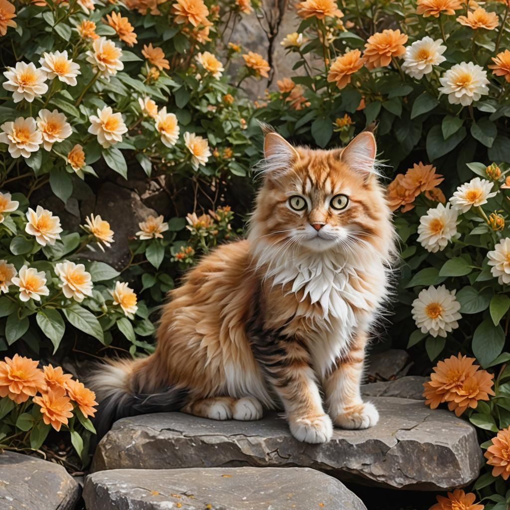 Bronze Kitten with Amber Eyes Among Flower Bushes