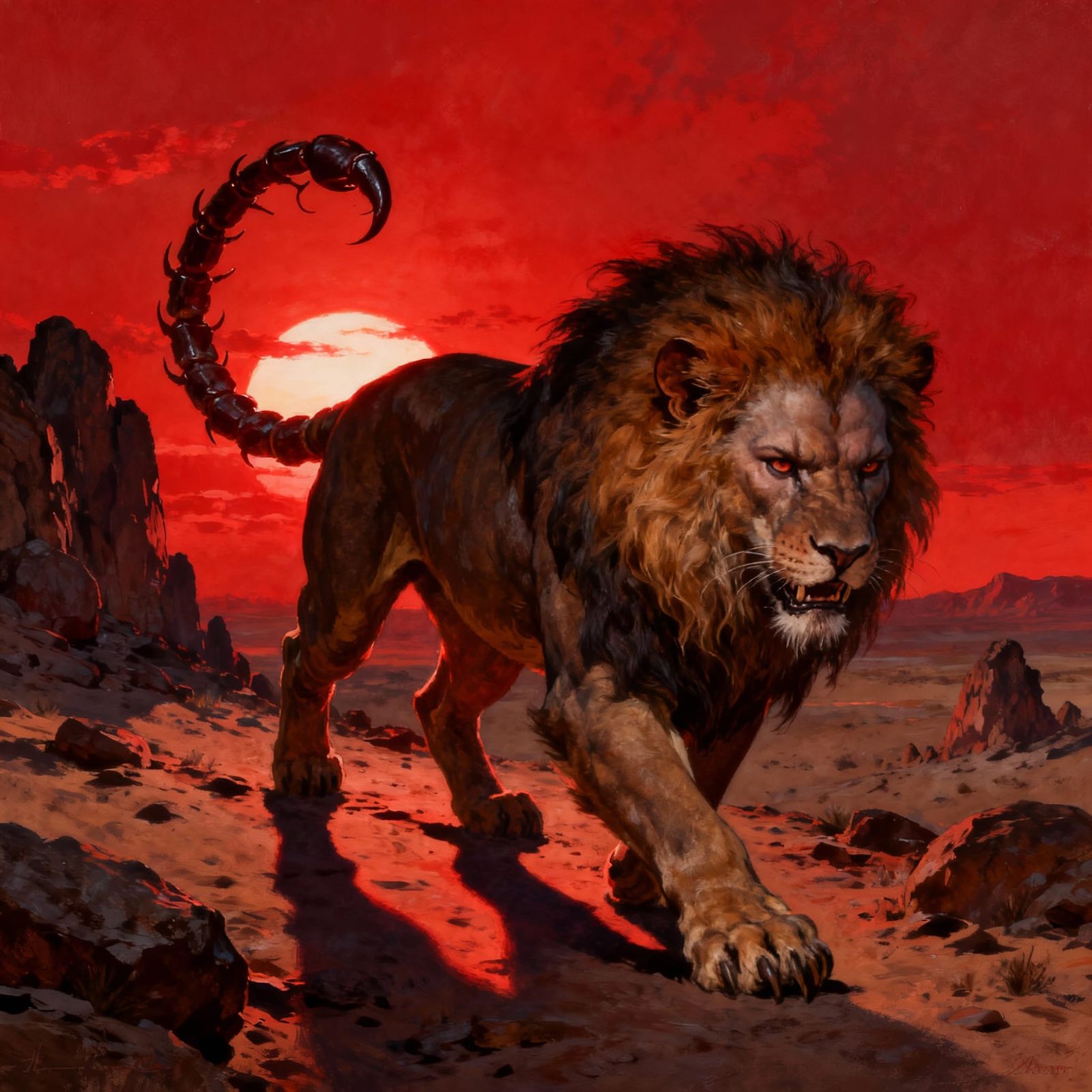 Manticore in Desert Sunset Digital Matte Painting