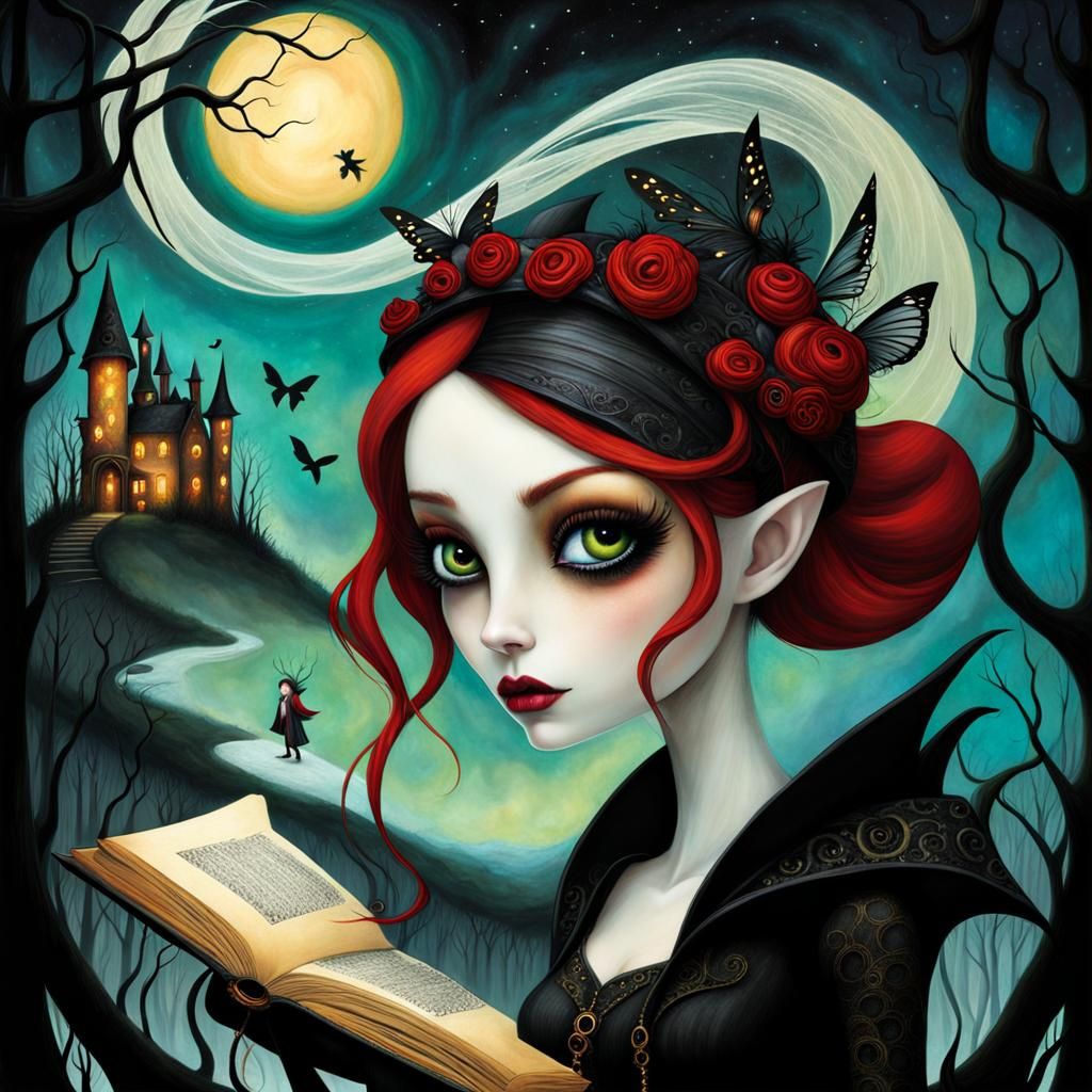 Redhead Reader in Gothic-Punk Fairy Tale Style