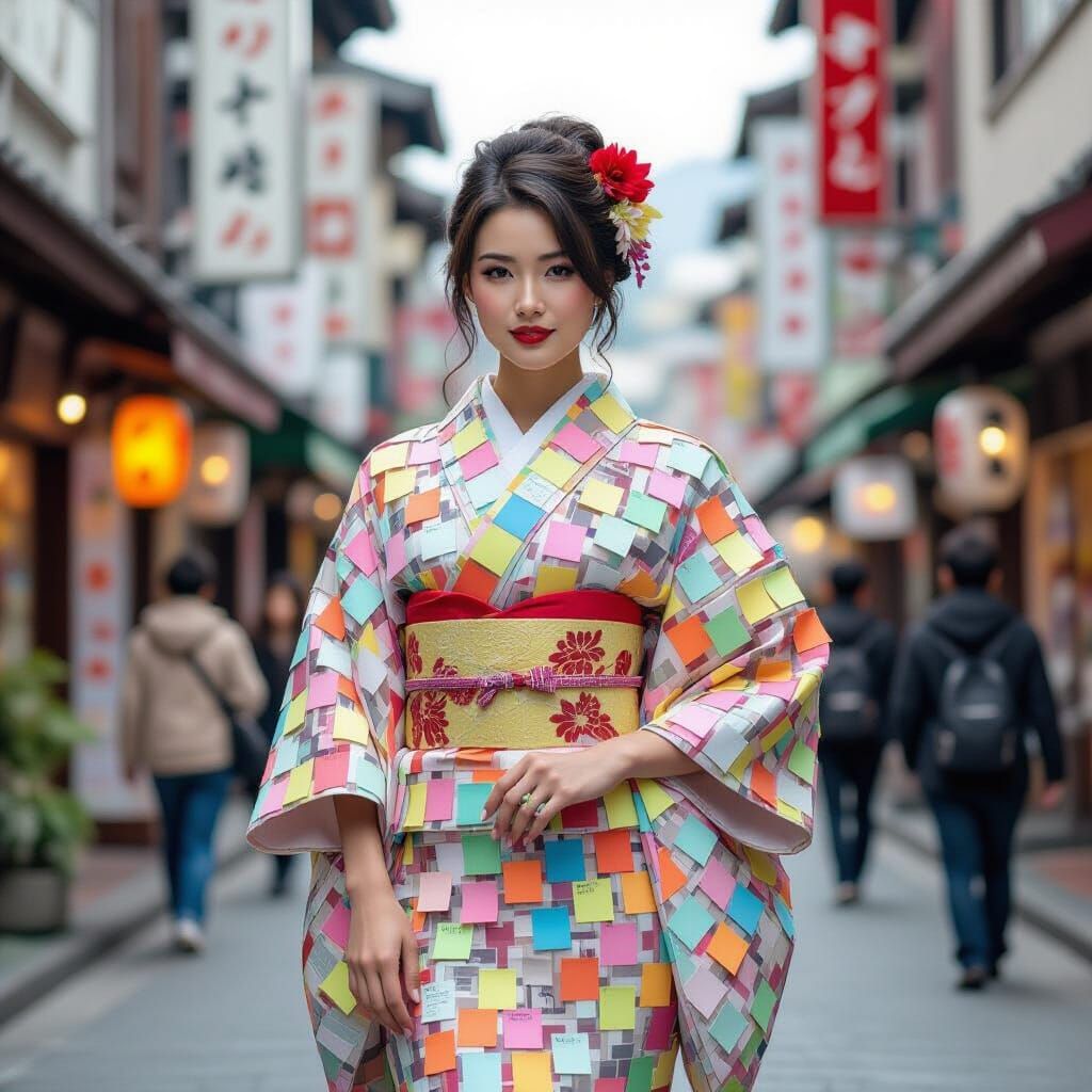 Woman in Post-it Outfit in Street Scene