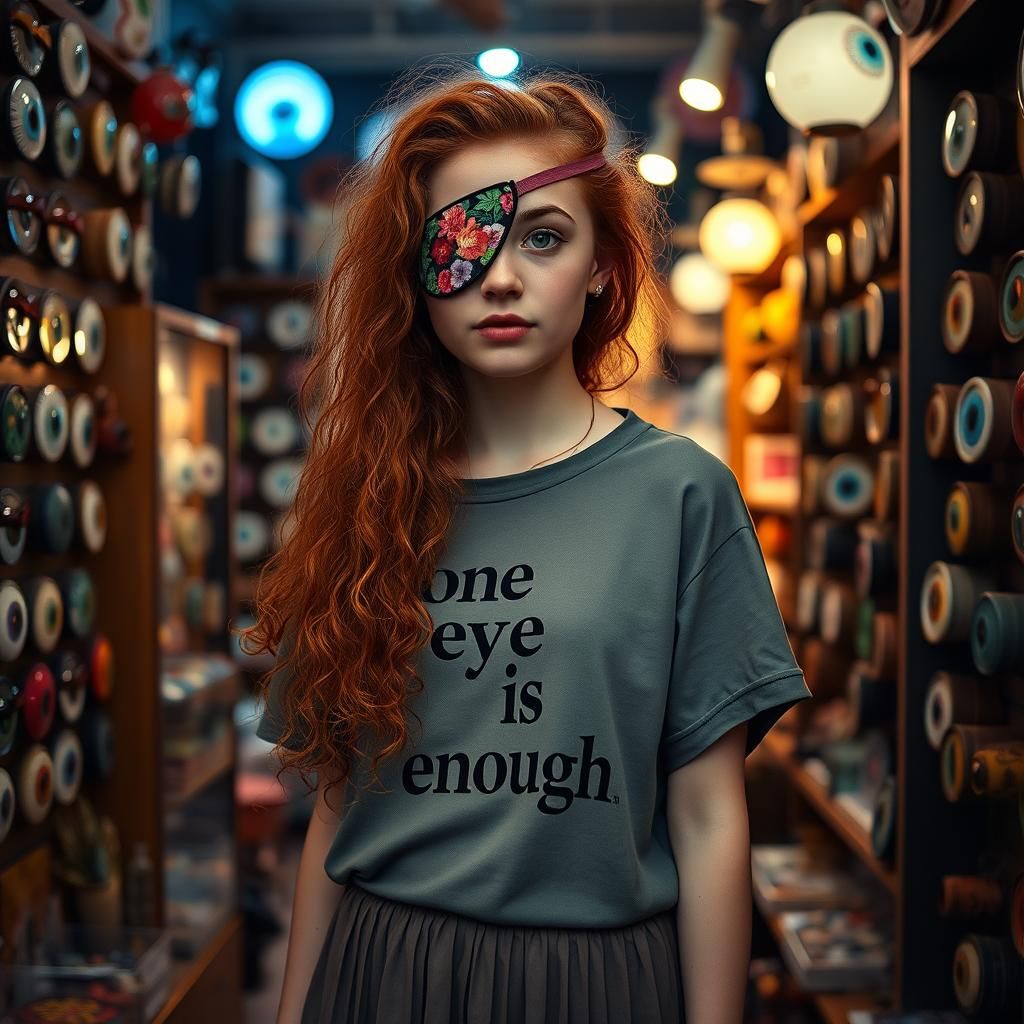 Redhead Girl with Floral Eyepatch in Eye Shop