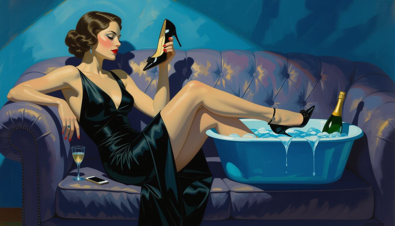 Glamorous Woman Relaxes in Dimly Lit Room with Ice Bath