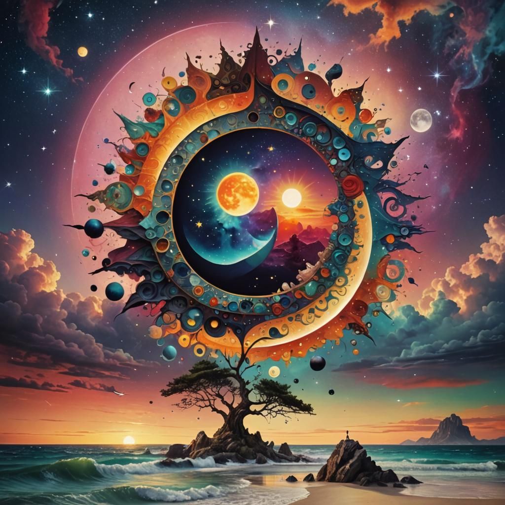 Surreal Yin Yang Sun Moon Cubist Dreamscape
