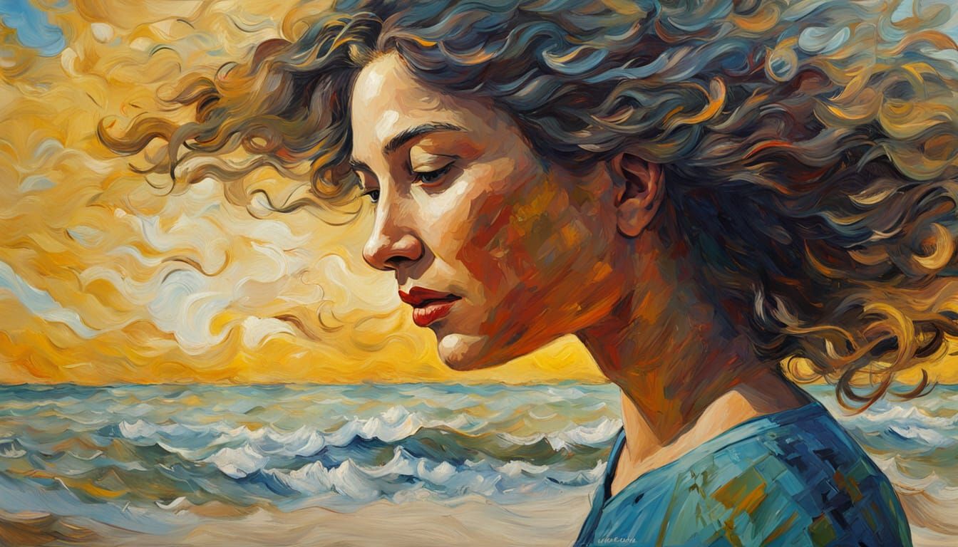 Vibrant Impasto Portrait of a Woman at the Shore