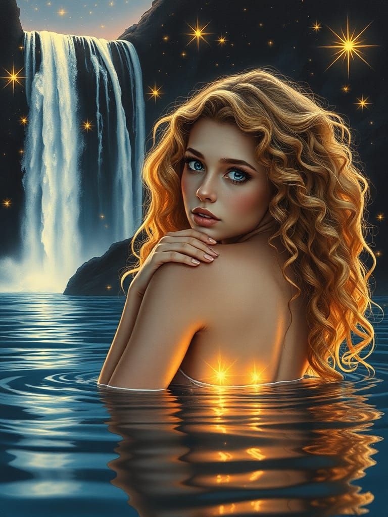 Celestial Woman by Waterfall in Charcoal Style
