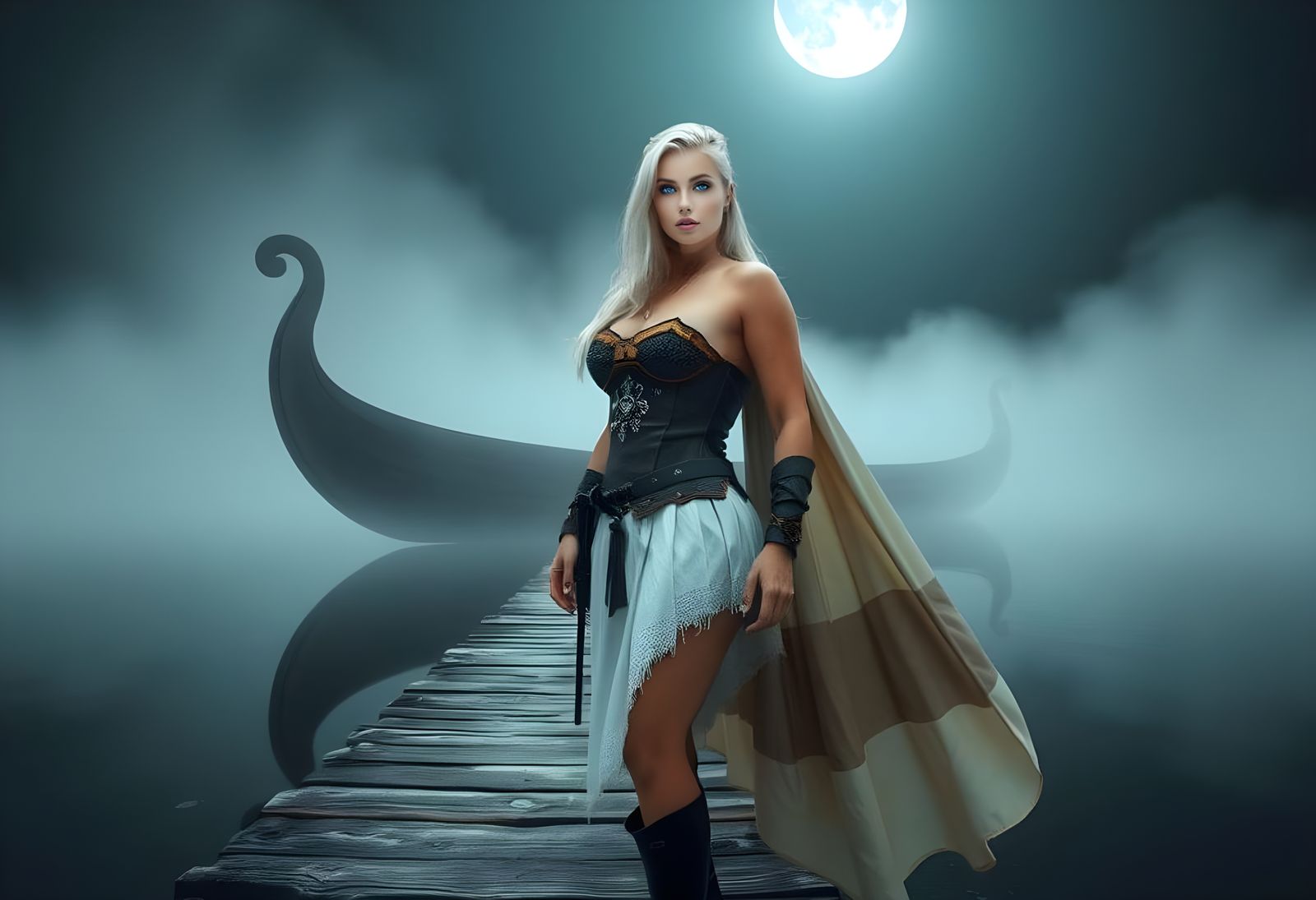 Viking Woman on Dock at Night