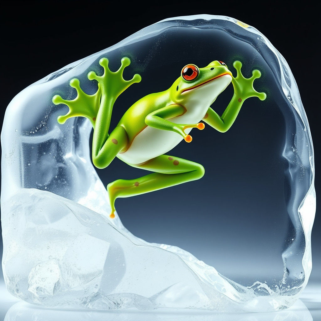 Frog in Ice Sculpture Suspended Mid-Air