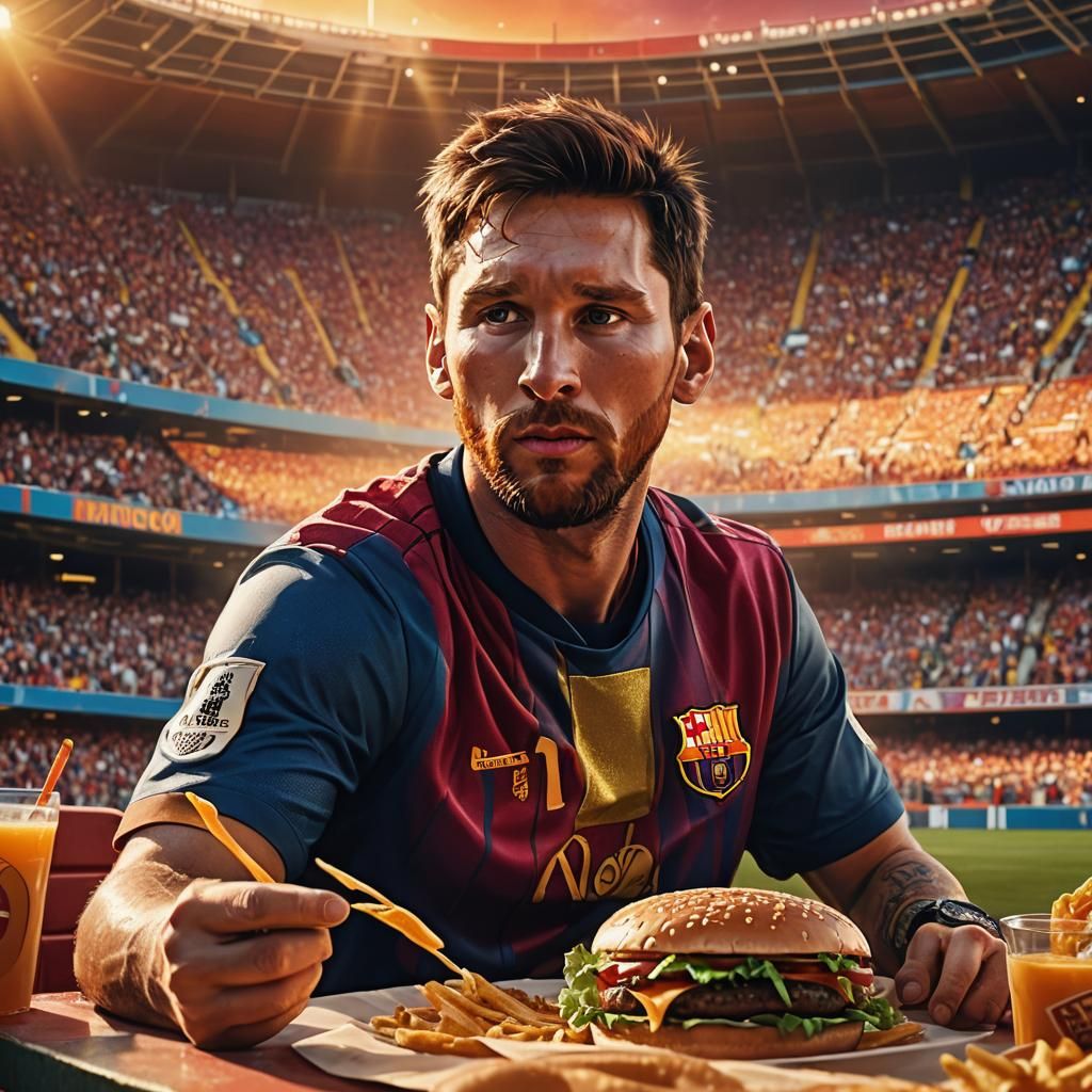 Messi Eats Burger in Fantasy Stadium: Digital Art