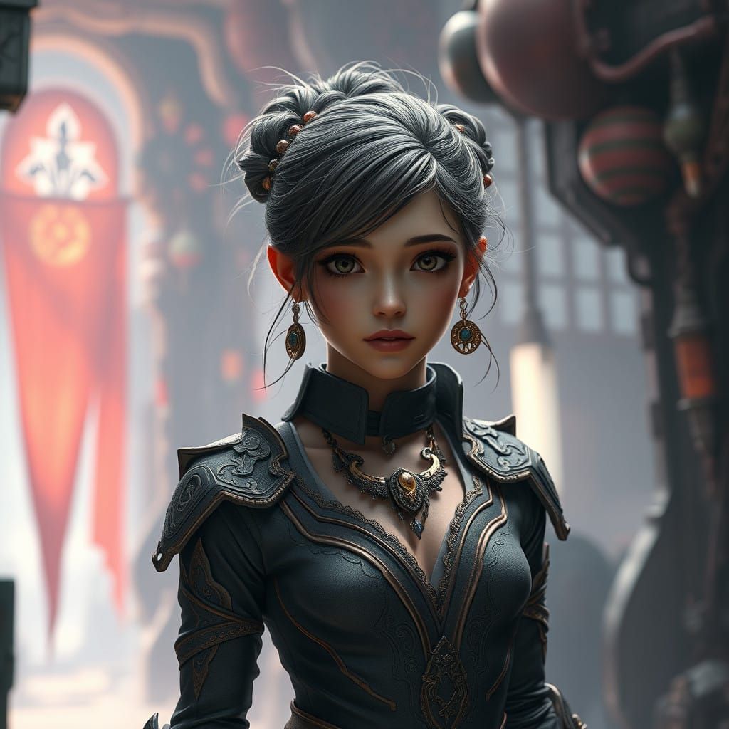 Enchanting Female Figure in Whimsical Industrial Dreamscape