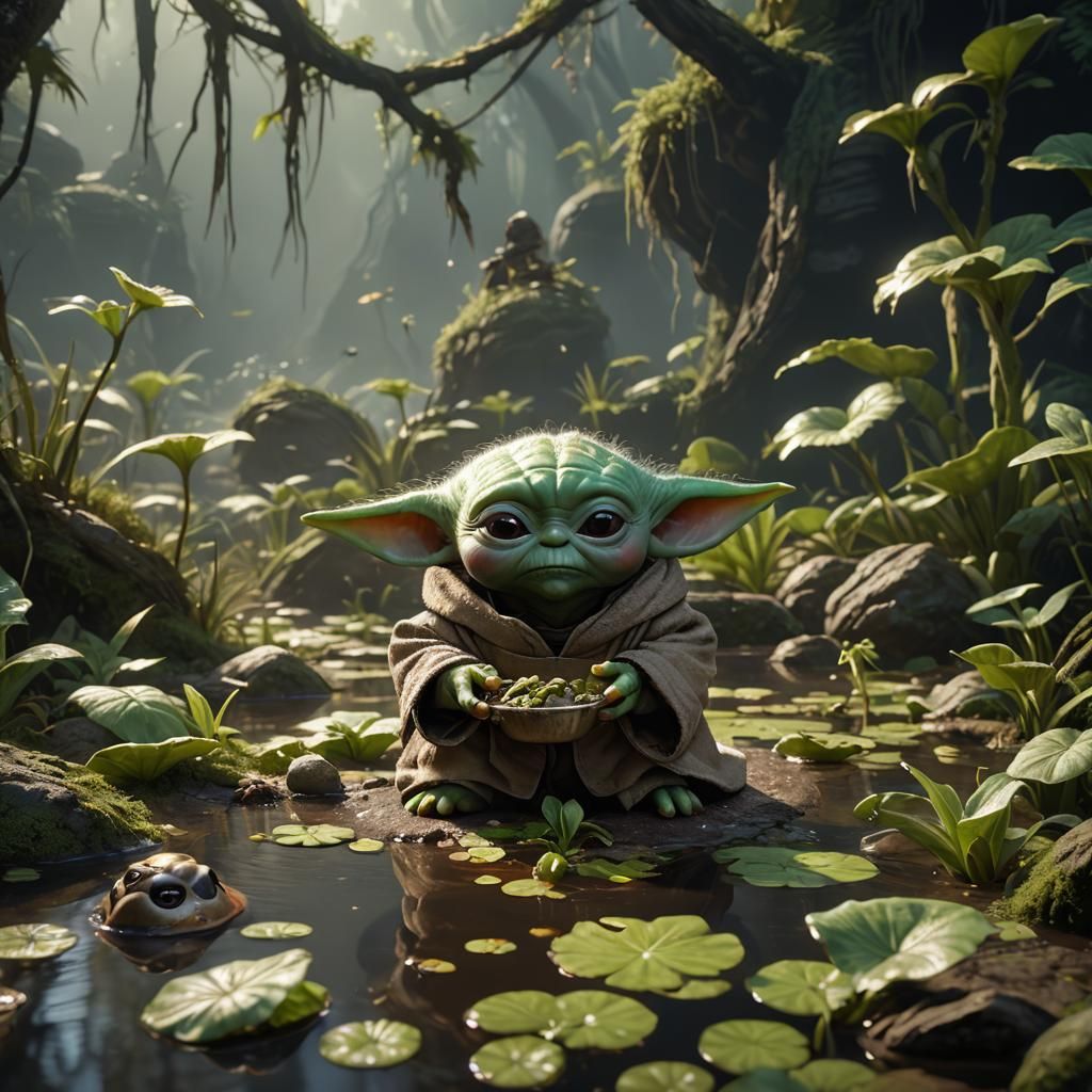 Baby Yoda's Frog Feast: Detailed Fantasy Art