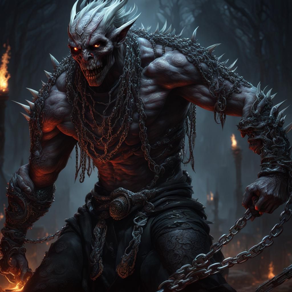 Chained White Demon with Glowing Runes: Dark Fantasy Art