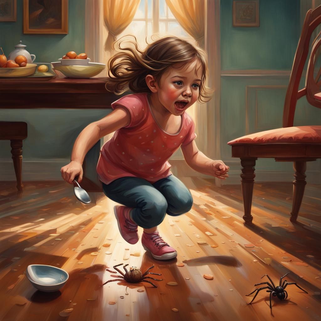 Girl Runs From Spider: Hyperrealistic Splash Art