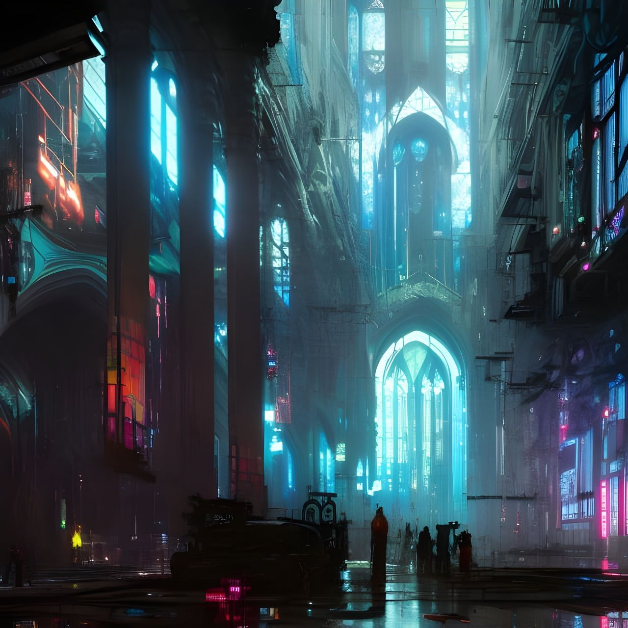 Cyberpunk Cathedral Interior with Neon Alleyways