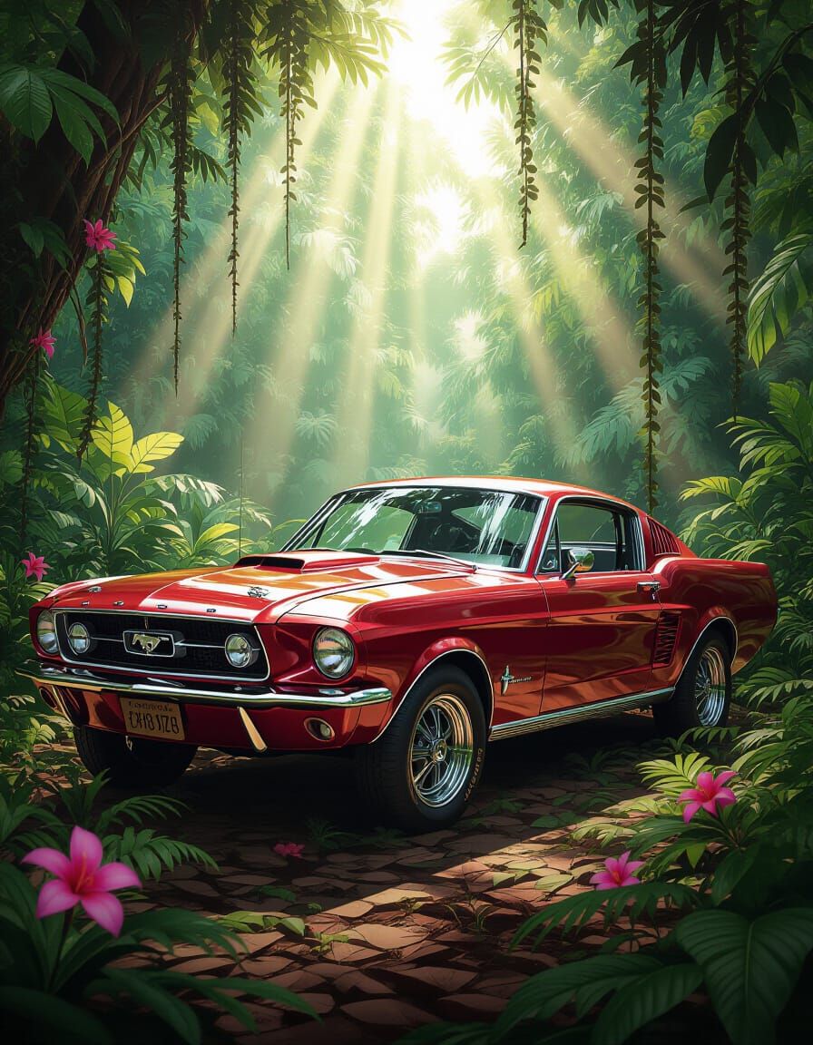 Vintage Mustang in Lush Jungle Clearing - Hyperrealistic Dig...