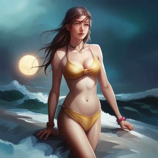 Korean Girl on Beach in Bikini, Detailed Portrait