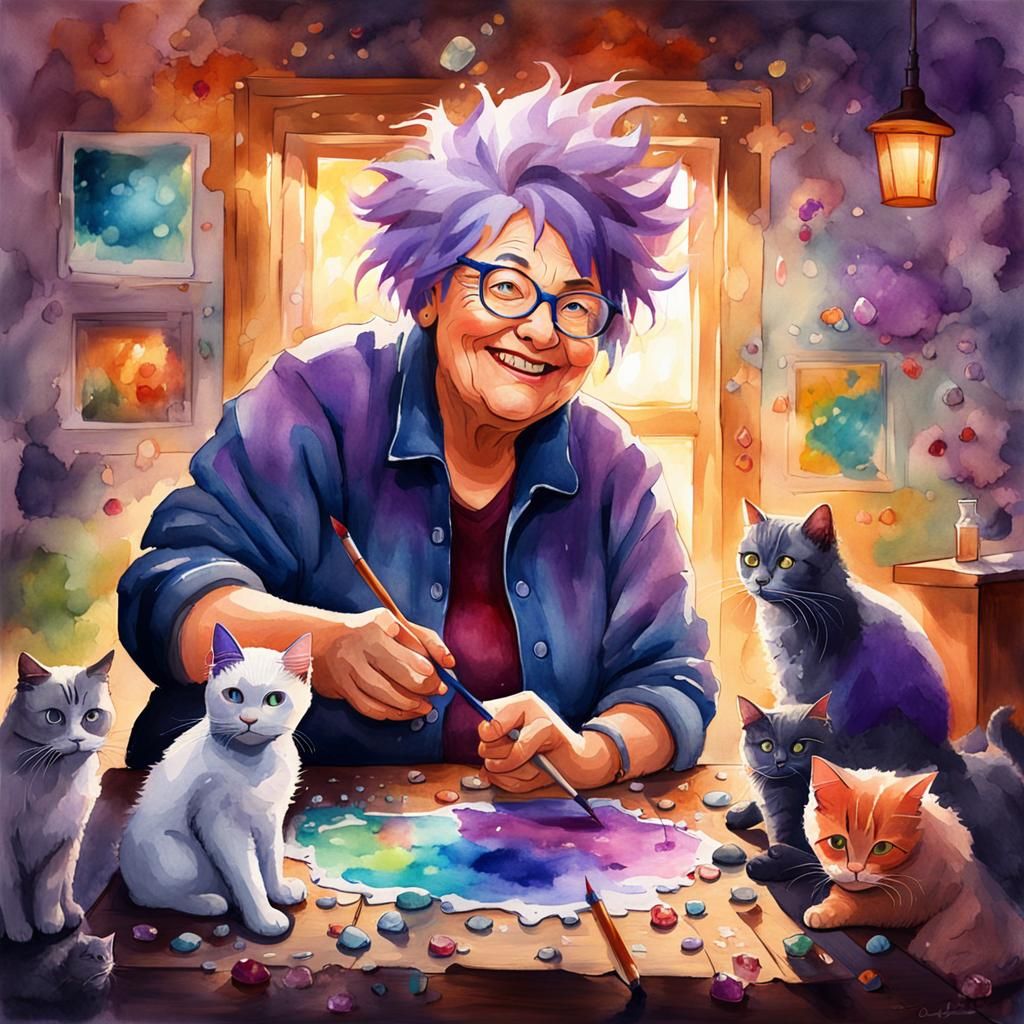 Woman Painting with Cats: Vibrant Street Art