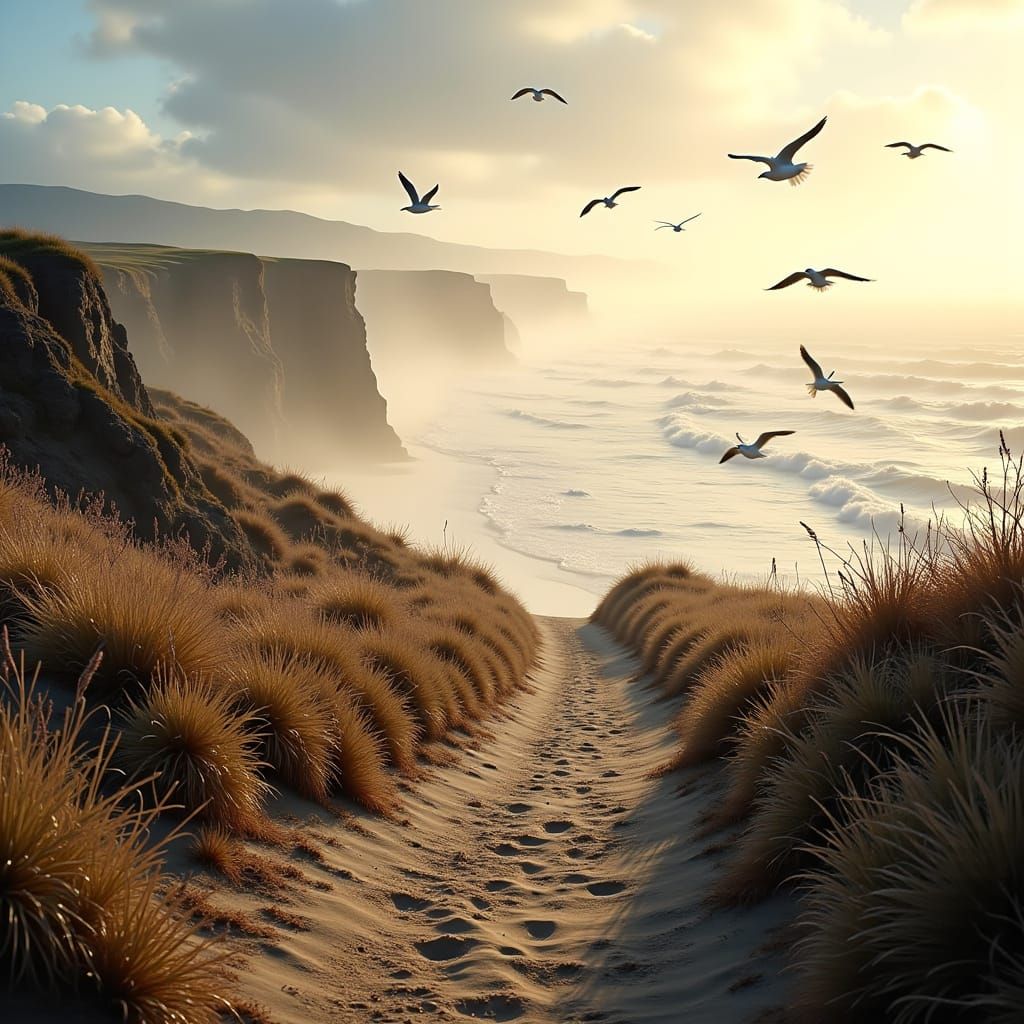 Windswept Coastal Path at Golden Hour