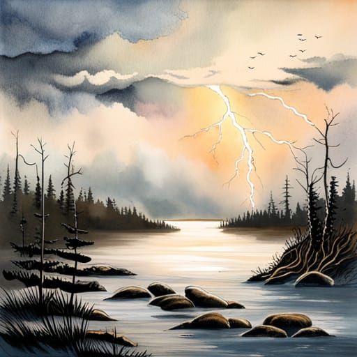 Herons in Lightning Storm, Watercolor Masterpiece