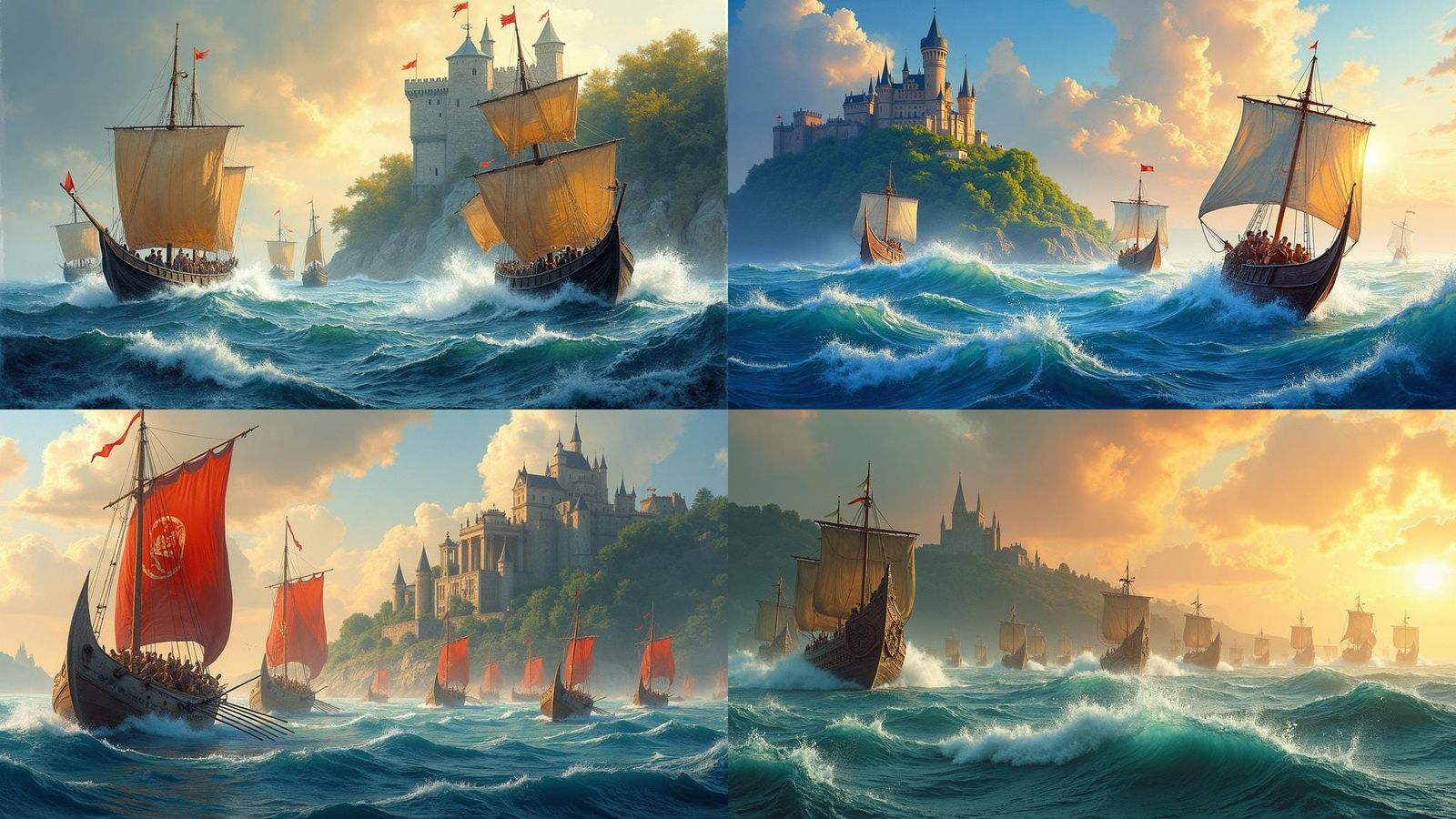 Ancient Sea Battle in Watercolor Style