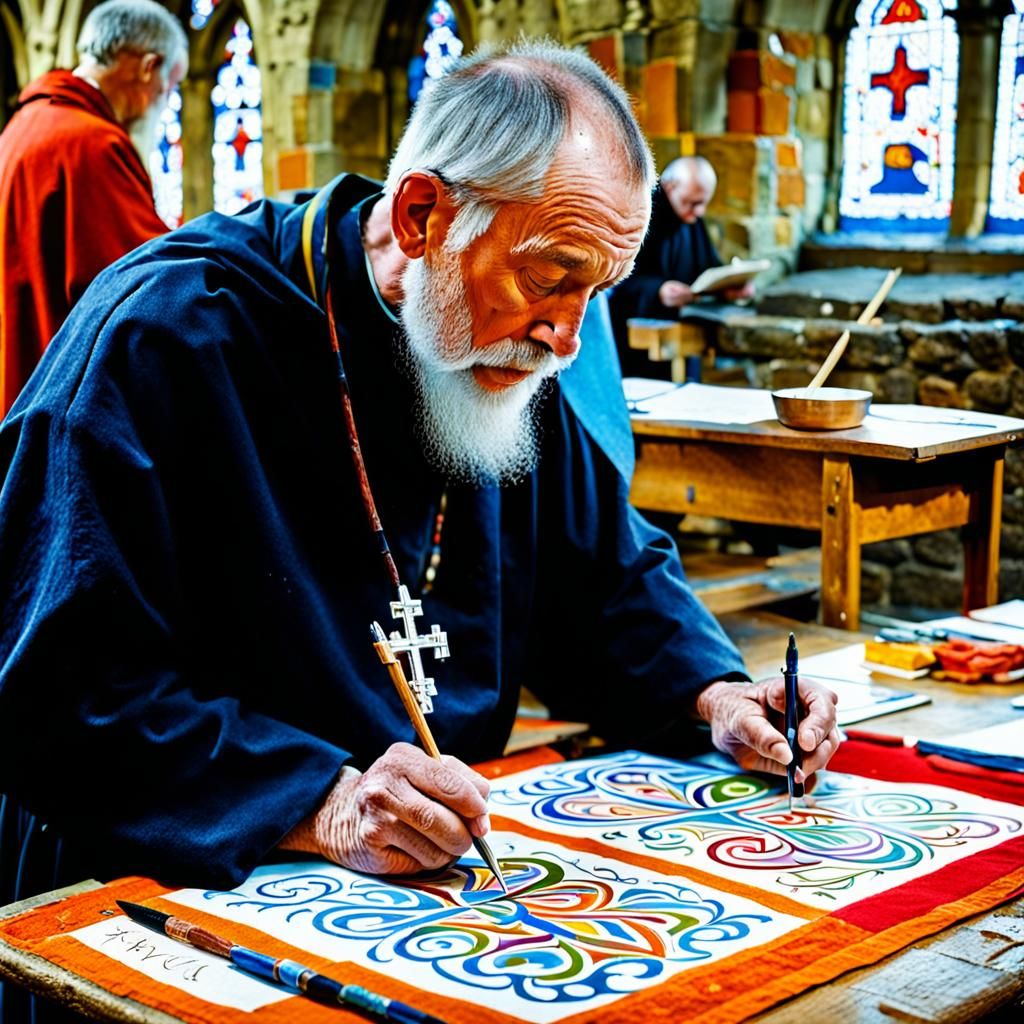 Lindisfarne monk working on a Lindisfarne Gospel