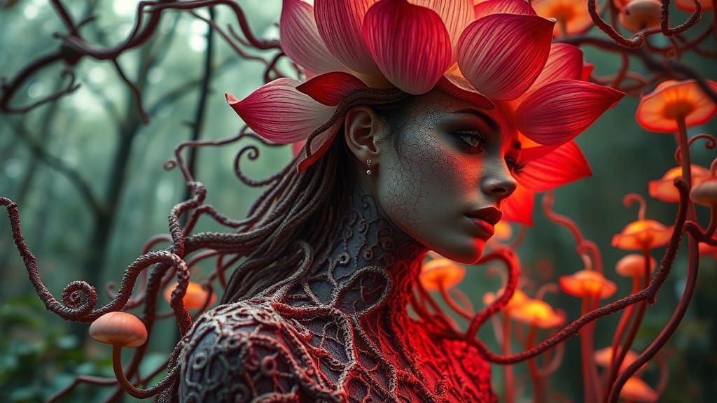 Lotus-Human Hybrid in Mycelium Network, Digital Art