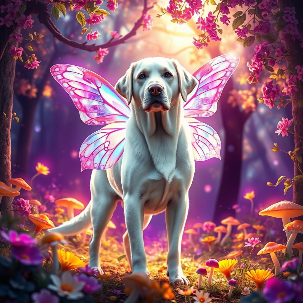 Labrador Retriever-Butterfly Hybrid in Fairytale Forest