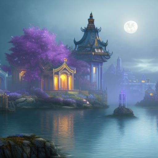 Moon Elf Queen Over Island Port City