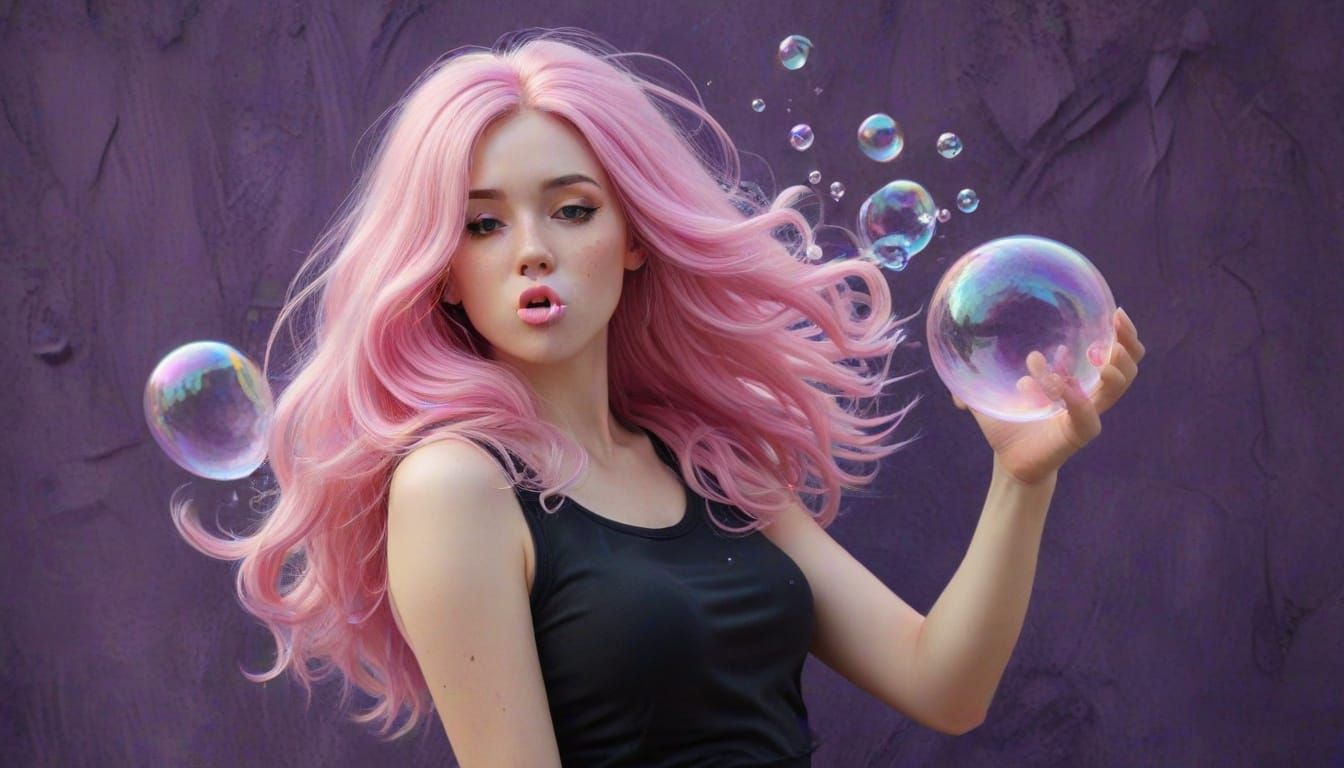 Beautiful Woman Blows a Lavender Bubble in a Whimsical, Mult...