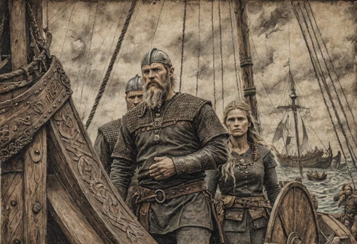 Vikings on Ship: Chalk and Charcoal Drawing