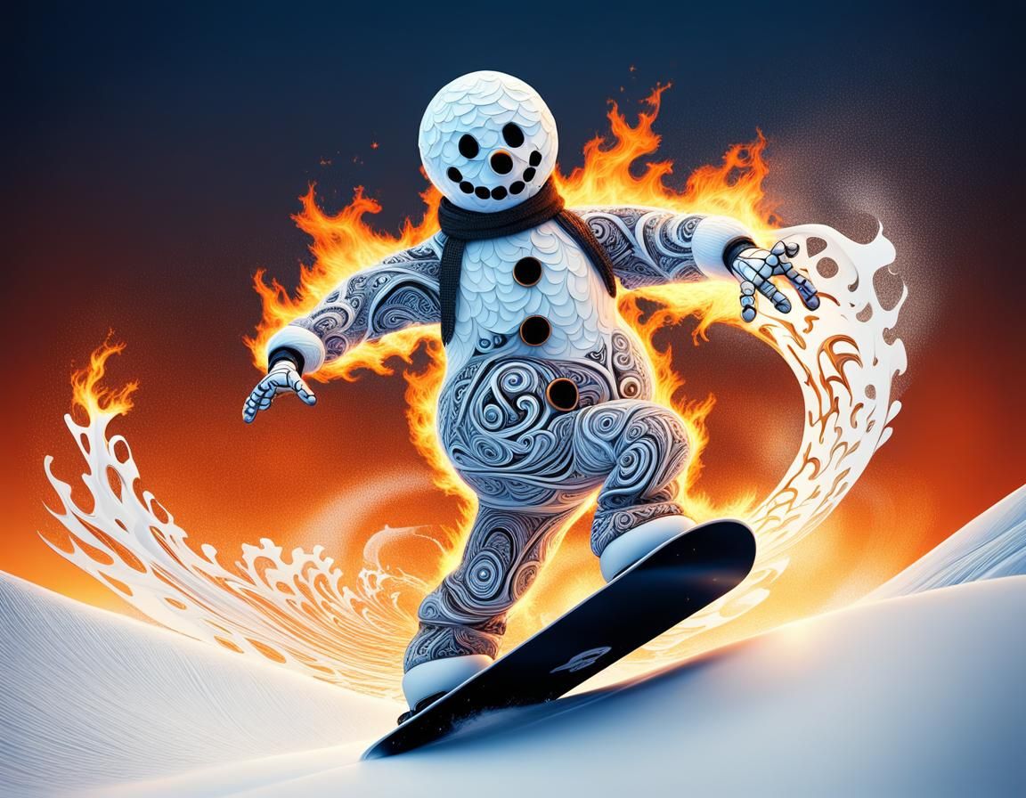 Burning Snowman Leaps Through Fire, Abstract Fractal Art