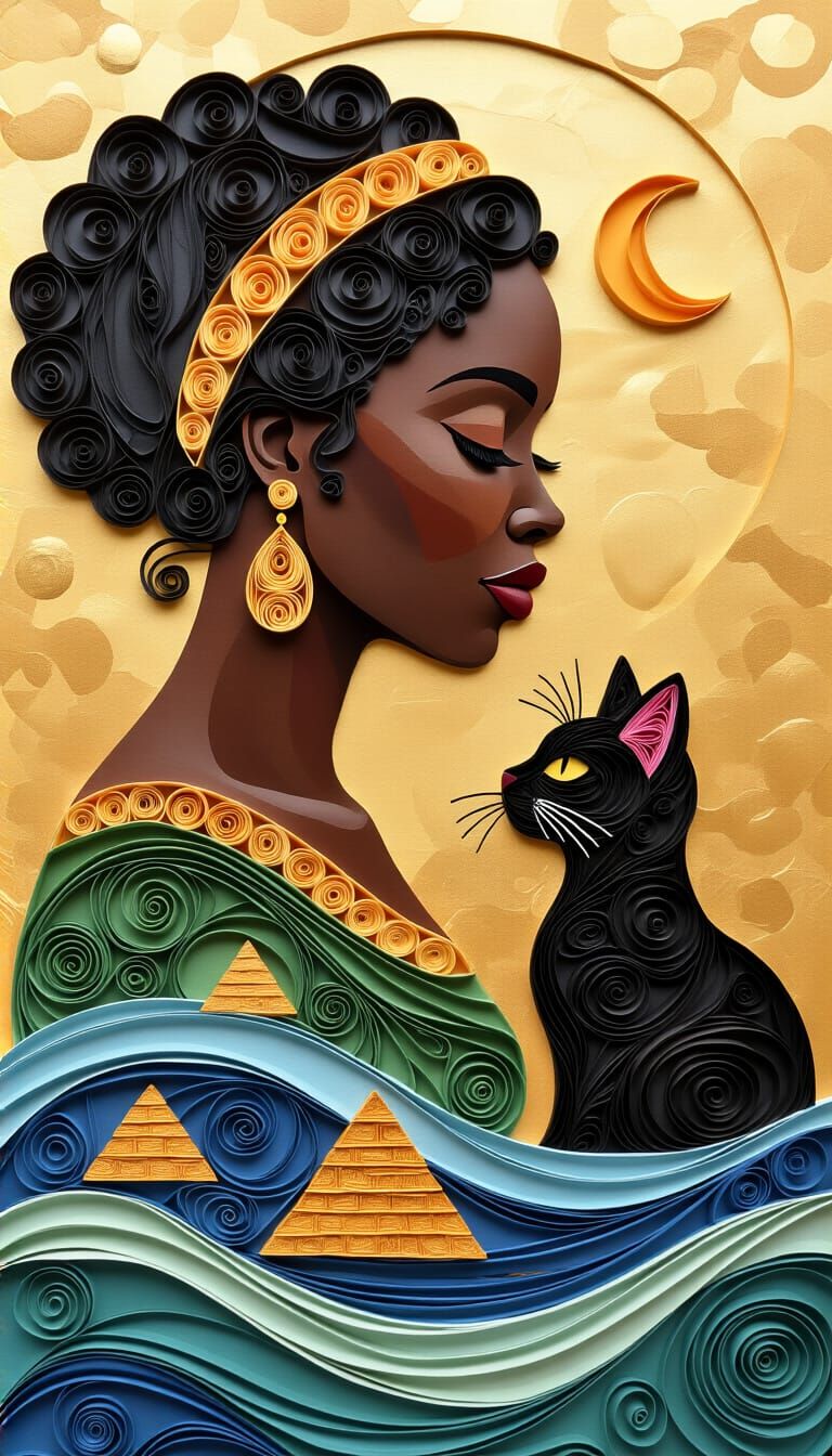 Quilled Black Woman and Cat in Earth Tones
