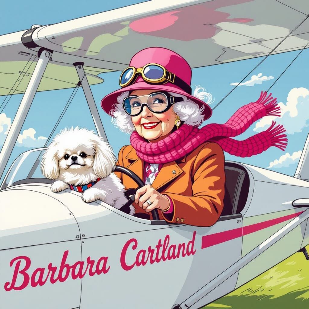 Barbara Cartland Pilots a Glider in Cartoon Style