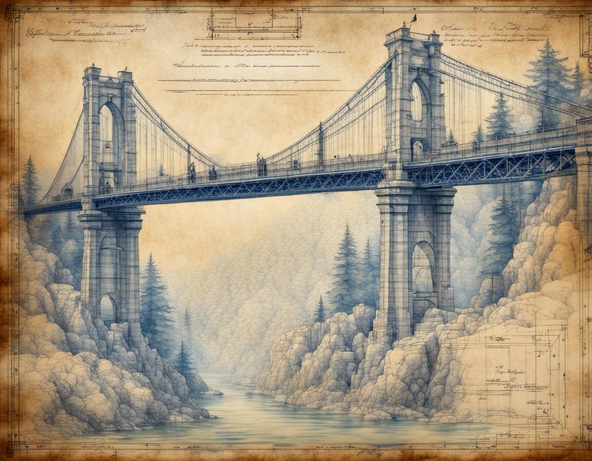 Suspension Bridge Blueprint in Renaissance Style