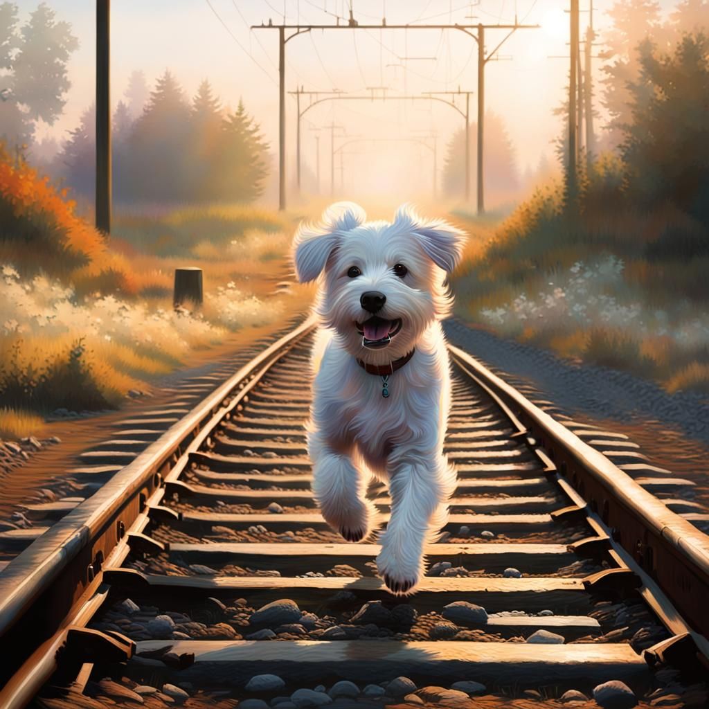Dog Running on Tracks in Neo-Impressionist Style
