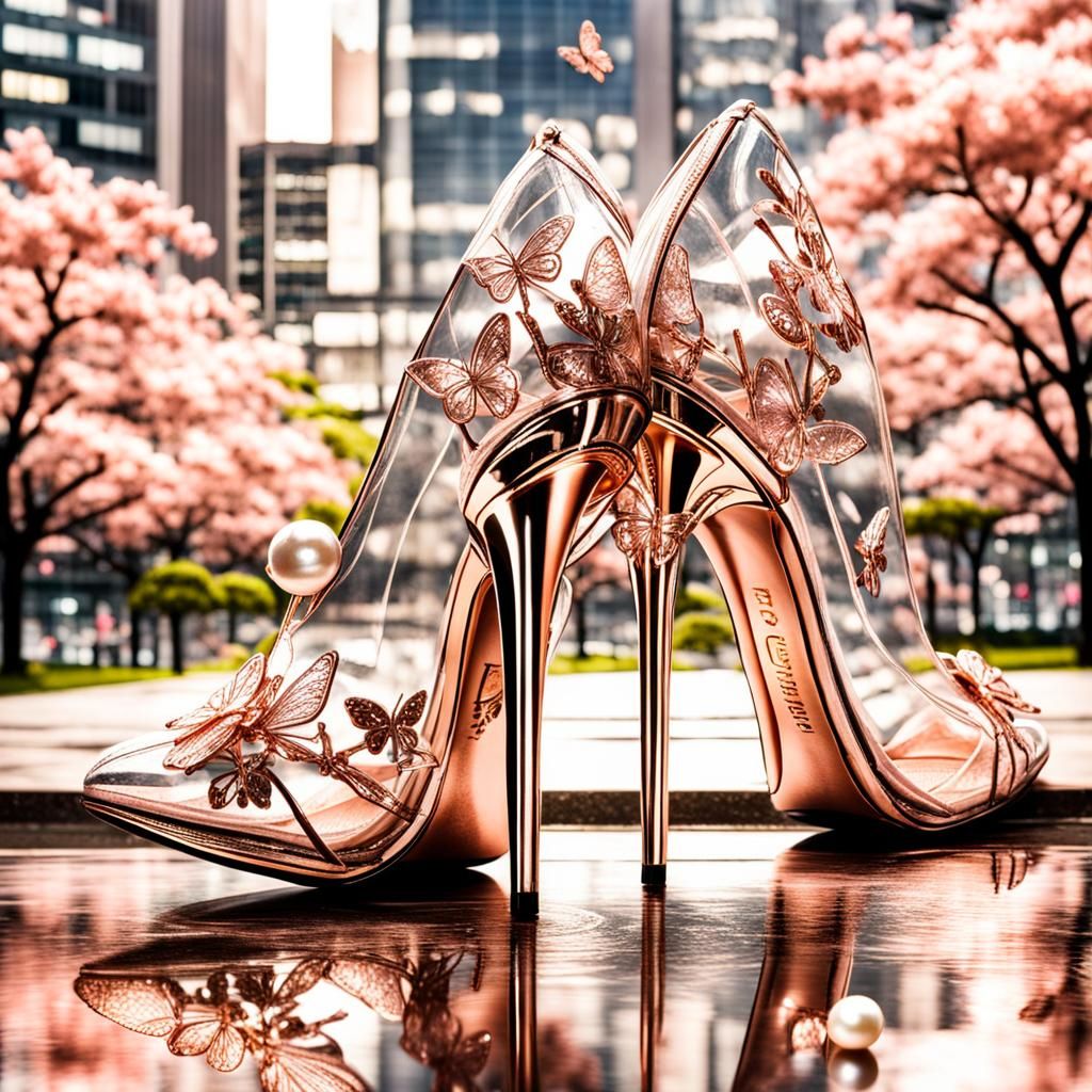 Rose Gold Stiletto Heel with Butterflies and Tokyo Sakura