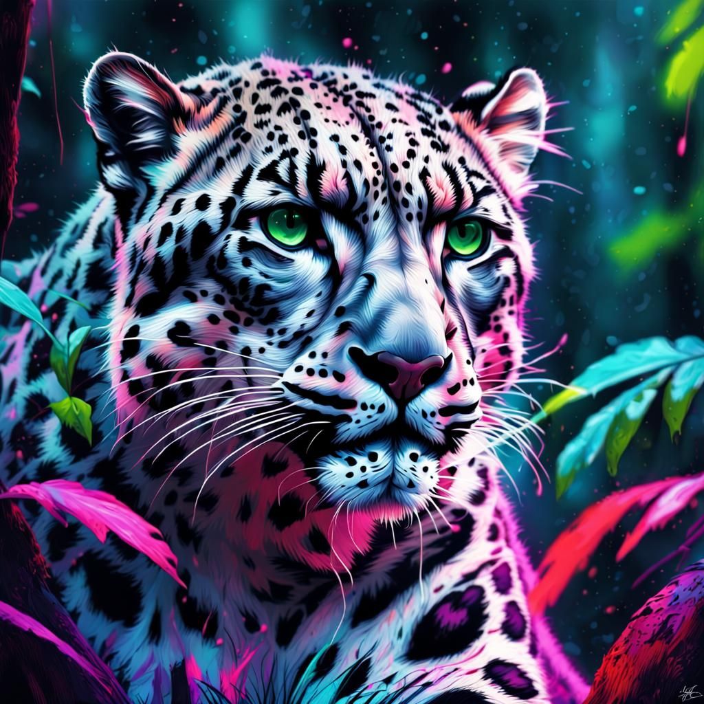 Neon Snow Leopard in Jungle: Ink Splatter Art
