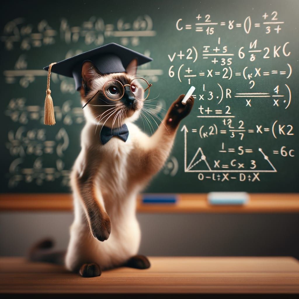 Siamese Cat Professor Lecturing Math on Blackboard