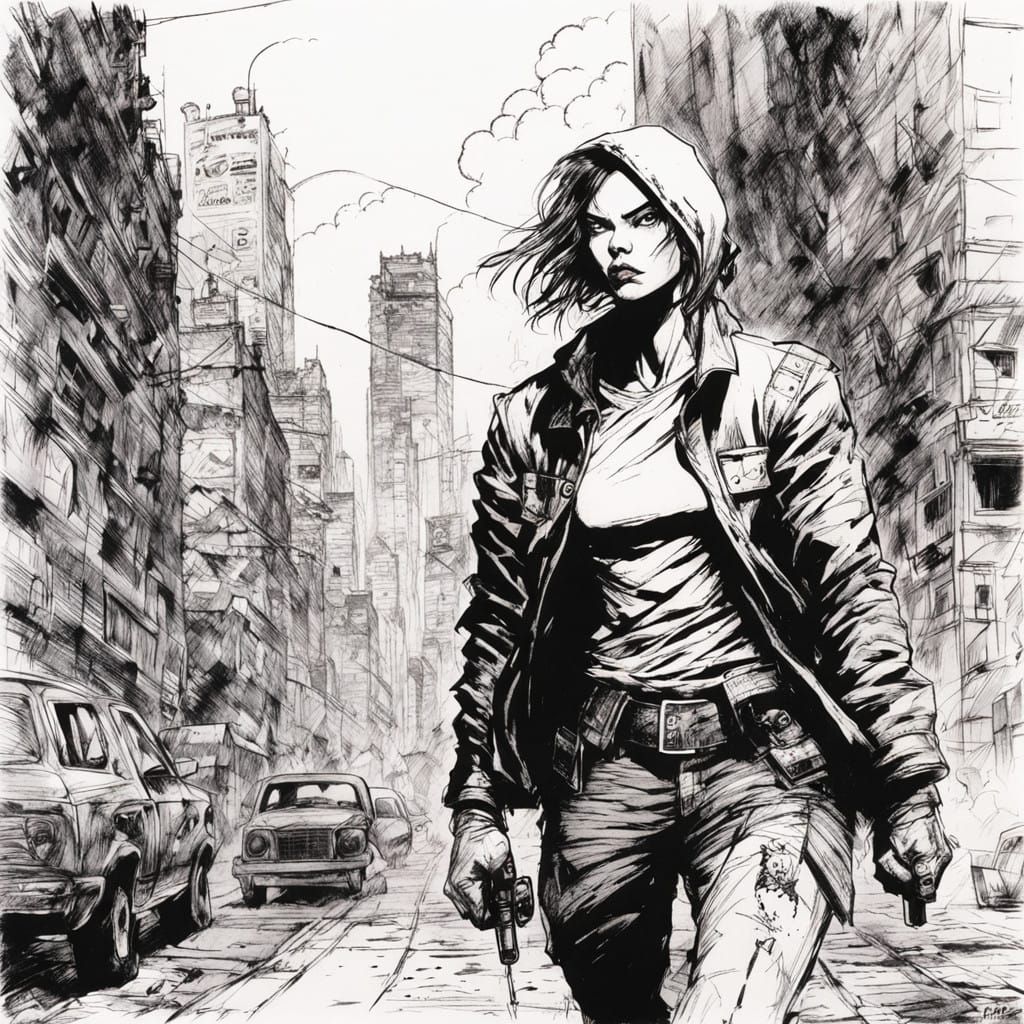 Surreal Vigilante Girl Walks City Streets in Heavy Ink Style