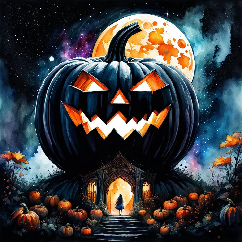 Galaxy Pumpkin Fairytale Illustration in Watercolor Art Styl...
